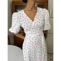 Wolfeel Summer Women Psrinted Dress Lace Up Short Sleeve Fashion Office Lady Long Dress 100% Cotton Daily Casual V-neck Skirt