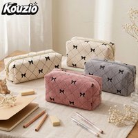 Corduroy Pencil Case with Bow, Large Capacity Zipper Stationery Pouch, Cute Aesthetic School Supplies StorageBag, Back to School