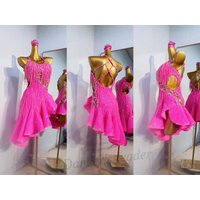 Latin Dance Dress High-end Custom Hanging Neck With Diamond Pink Skirt Hem, Female Adult Stage Samba Dance Professional Clothing