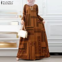 ZANZEA Muslim Women's Vintage Printing Long Dresses Modest Hijabs Long Sleeve Baggy Abaya Robes Islamic Ramadan Eid Kaftan