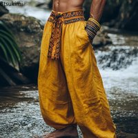 Spring Summer New Men's Casual Loose Patchwork Harem Pants Retro Ethnic Style Lace Up Wide Leg Pants Male Breathable Beach Pants