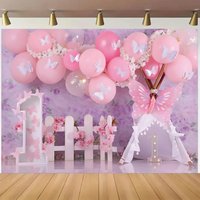 A pink balloon and butterfly flower theme birthday party backdrop fabric | Polyester fabric, suitable for cake smashing