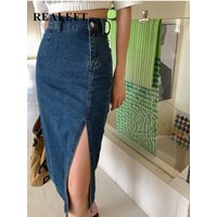 REALEFT Women's Midi Denim Skirt Spring Side Split High Wasit Jeans Skirts Straight Female A-line Pencil Skirt 2023 New Summer
