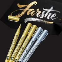 5Pcs Metallic Brush Marker Pens(3 Golden+2 Silver), Waterproof Markers for Graffiti, Signature, Painting, Art Supplies