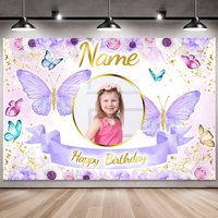 Custom Photo Name Birthday Backdrop Pink Butterfly and Floral Background Banner Personalized for Party Wall Decoration Glitter