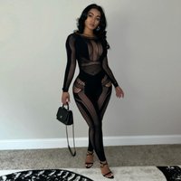 FHSEER Women's Sexy Jumpsuit Mesh Sheer Hollow Out Long Sleeve Bodycon One Piece Stretchy Jumpsuit Club Party Night Out Oufits