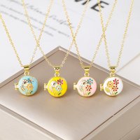 Round Photo Box Enamel Flower Gold-Plated Pendant Necklace Fashion for Women's Girls' Party Wedding Luxury Jewelry Gift