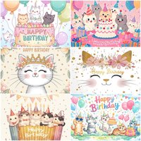 Cartoon Cats Happy Birthday Party Decoration Backdrop Funny Cute Animals Pet Photography Background Pink Black Balloon Kids Gift