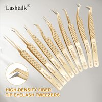 Precyzyjne pęsety do przedłużania rzęs Lashtalk z włóknistą końcówką, diamentowy uchwyt antypoślizgowy, wysokiej jakości złota stal nierdzewna, do makijażu, w pudełku.