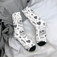 Black White Punk Skull Hand-drawn Crew Socks, Gothic Graffiti Print Mid-Calf Socks, Trendy Casual Wear for Men Women
