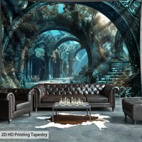 Gothic Castle Arch Tapestry, Dark Fantasy Underwater Ruins HD Print, Mystical Wall Art for Living Room and Gothic Bedroom Decor