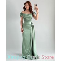 Customized Mermaid Simple Green Satin Evening Dress Classic Off the Shoulder Sleeveless Vestido De Festa Luxury Prom D