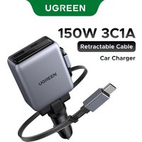 UGREEN – ładowarka samochodowa o mocy 150 W z wbudowanym, automatycznie wysuwającym się kablem, wyposażona w 3 porty USB-C i 1 port USB-A, obsługuje szybkie ładowanie PD QC4.0 dla telefonów