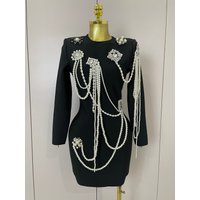 STOCK Sexy Black Pearl Beading Long Sleeve Mini Bodycon Bandage Dress Women Elegant Evening Birthday Party Dress Stage Costumes