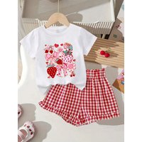 Comfy Kids Girls Two Piece Casual Set, Strawberry Bow Flower Print Crew Neck Top & Red Check Ruffle Shorts for Outdoor Picnic &