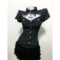 Y2K Vintage Striped Waist-Cinching Short Sleeve Shirt And Black Skirt Set Women's Summer Fashion Outfit Casual Workwear