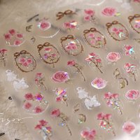 French Lace 5D Nail Art Sticker Blush Rose Bouquet Bowknot Frame Pearl Curved Necklace Trim Self Adhesive Manicure Decal DIY