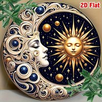 2D Flat, 1pc Celestial Sun and Moon Harmony Aluminum Wall Art - 19.81cm Round Vintage Metal Sign with Golden Sun, Moon, and Star