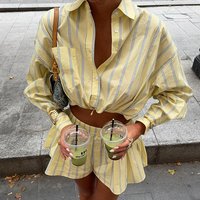 2026 Summer New Hot Selling Shorts Sets Fashion Long Sleeve Crop Top Striped Shorts Two-piece Set Sexy Street Women Outfits