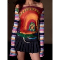 Kimotimo Harajuku Slash Neck Print Patchwork T-shirts Women Retro Striped Flare Sleeve Slim Fit Crop Top Street Y2k Gothic Tees