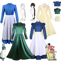 Japanese Anime Movie Howl Sophie Cosplay Costume Blue Yellow Green Maid Dress Apron Wig Woman Cute Halloween Carnival Suit
