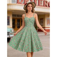 Tonval Green Plaid and Cherry Birthday Dresses for Women Spaghetti Strap Summer High Waist Fit and Flare Vintage Dress