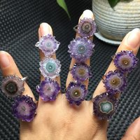 Unit One Piece 925 Sterling Silver Natural Brazil Amethyst Gemstone Crystal Flower Slice Finger Gemstone Gift