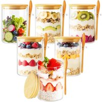 A25F-1Set/6Pcs Moisture Resist Overnight Oat Jar With Spoon, Reusable Glass Food Storage Container,Kitchen Storage Tank