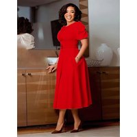 Women's Elegant Round Neck Dress Waist A-line Flared Hem Puff Sleeve Midi Dresses