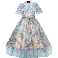 Plus Size 2026 Blue/Apricot Print Long Women Dress Bohemian Lapel Neck Short Sleeves Holiday Dress With Belt 610001
