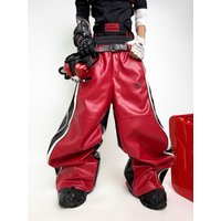 Mauroicardi Autumn Long Patchwork Double Waistband Pu Leather Wide Leg Pants Men Color Block Luxury Designer Clothes Streetwear
