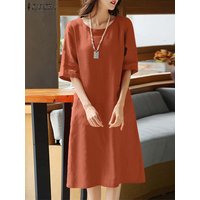 2025 Spring Summer Dress ZANZEA Women O Neck Half Sleeve Sundress Solid Cotton Dresses Robe Femme Casual Loose Holiday Vestidos