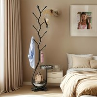 Freestanding Valet Stand with 5-S Hooks, Heavy-Duty Metal Clothes Rack for Entryway/Bedroom, Space-Saving No-Assembly Garment