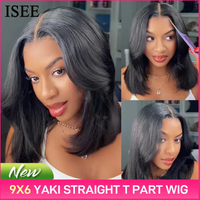 ISEE HAIR 9x6 T Part Layered Cut Bob Wig Glueless Yaki Straight Wig 180% Density Deep Part Lace Wear Go Wig Natural Black