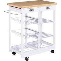 White Rolling Kitchen Island Cart with Shelves, Basket, and 6-Bottle Wine Rack