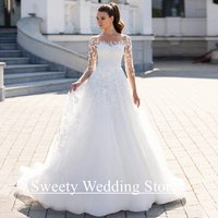 Classic Wedding Dress for Woman Bride Customized Sheer Scoop Neck Long Sleeves Applique Tulle A Line Bride Dresses Bridal Gown