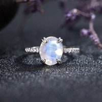 925 Sterling Silver Minimalist Oval Shaped Natural Moonstone Ring Blue Gemstone Engagement Jewelry for Women Half Eternity Band