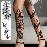 2pcs Black Flower & Butterfly Temporary Tattoo Stickers For Women, Waterproof & Long Lasting Fake Tattoo For Arm, Leg & Chest