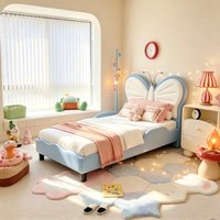 Rosahqnda Kids Butterfly Upholstered Bed Frame, Solid Wood Frame for Girls & Boys, White with Pink / Blue , 90x190cm/90x200cm, Bedroom Furniture Mattress Sold Separately