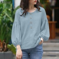 ZANZEA Casual Blouses for Woman O-Neck Half-Button 3/4 Lantern Sleeves Solid Color Pullover Tops Spring Summer Blusas de Mujer