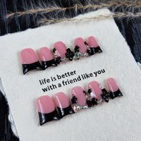 10pcs high-end Light luxury Hepburn style, hand-painted three-dimensional patterns, dazzling sparkly diamonds handmade fake nail