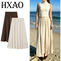 HXAO Women's Skirt Satin Skirts For Women Pleats High-waisted Ruffle Midi Skirt Summer Brown Beige Elegant Female Street Skirts