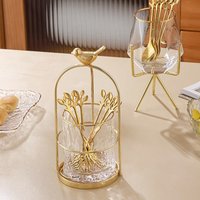 Creative Golden Bird Stainless Steel Fruit Fork Shelf Home Dessert Fruit Fork Spoon Storage Jar Glacier Glass Storage Bottle New