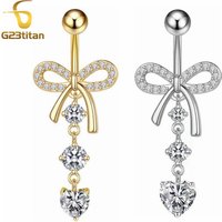 G23Titan Crystal Bowknot Heart Drop Belly Button Ring 6-16mm Titanium Curved Barbell 14G Navel Piercing Women Girls Body Jewelry