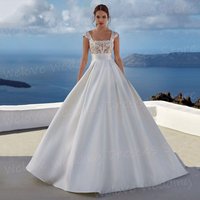 Graceful A Line Women's Wedding Dresses Square Collar Backless Robe De Mariée Satin Customized Bride Gowns Appliques Princess