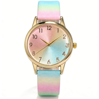 Fashion Women's Gold Gradient Rainbow Watch Pink Blue Dial Leather Strap Quartz Wristwatch