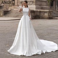 ANGEL Elegant Satin Wedding Dresses Customized Lace Scoop Neck Bride Gowns Illusion Covered Back Sweep Train Vestido de novia