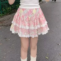 Kawaii Liz Lisa Women Floral Mini Skirt Summer 2025 Ruffles Japanese Y2k Cute Girls Sweet Cake Pomp Layered Short Skirts Faldas