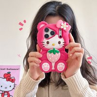 Korea Cute Bowknot Strawberries Sanrio Kitty Cat 3D Silicone Soft Phone Case For iPhone 17 16 15 14 13 Pro Max 16 15 Plus Cover