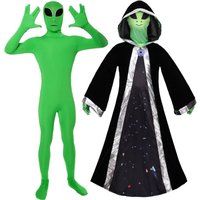 Adult men's and women's green alien role-playing costumes, one-piece tight-fitting clothing sets, with head covers, alien mascot